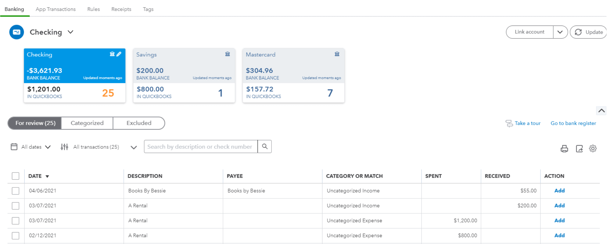 example of a Bank Feed display in the program Quickbooks